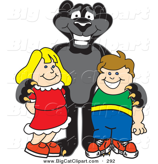 Big Cat Cartoon Vector Clipart of a Happy Black Jaguar Mascot Character with Children