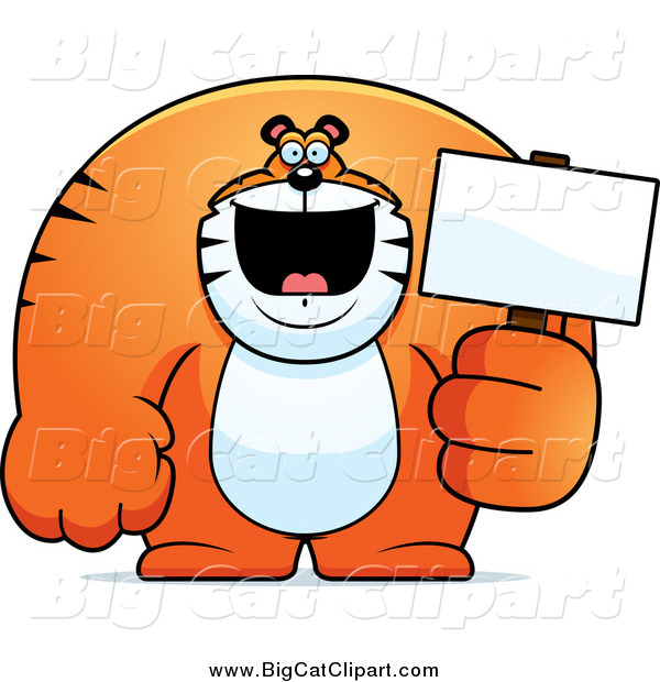 Big Cat Cartoon Vector Clipart of a Happy Buff Tiger Holding a Blank Sign