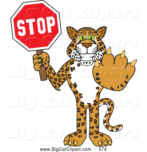 Big Cat Cartoon Vector Clipart of a Happy Cheetah, Jaguar or Leopard Character School Mascot Holding a Stop Sign