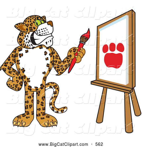 Big Cat Cartoon Vector Clipart of a Happy Cheetah, Jaguar or Leopard Character School Mascot Painting a Paw Print