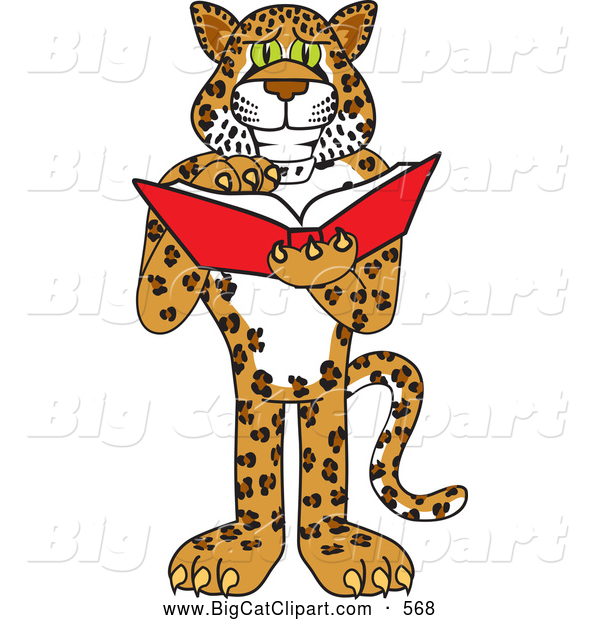Big Cat Cartoon Vector Clipart of a Happy Cheetah, Jaguar or Leopard Character School Mascot Reading
