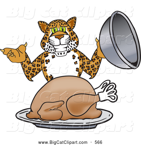 Big Cat Cartoon Vector Clipart of a Happy Cheetah, Jaguar or Leopard Character School Mascot Serving a Thanksgiving Turkey