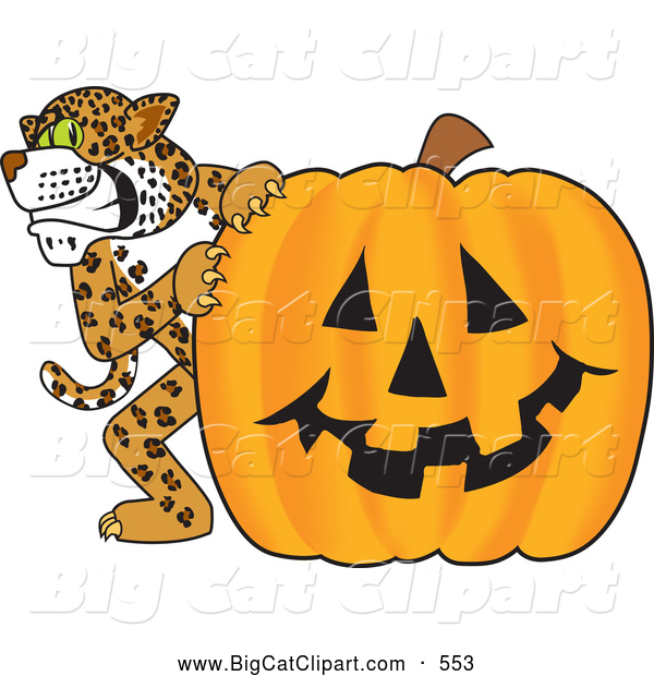Big Cat Cartoon Vector Clipart of a Happy Cheetah, Jaguar or Leopard Character School Mascot with a Halloween Pumpkin