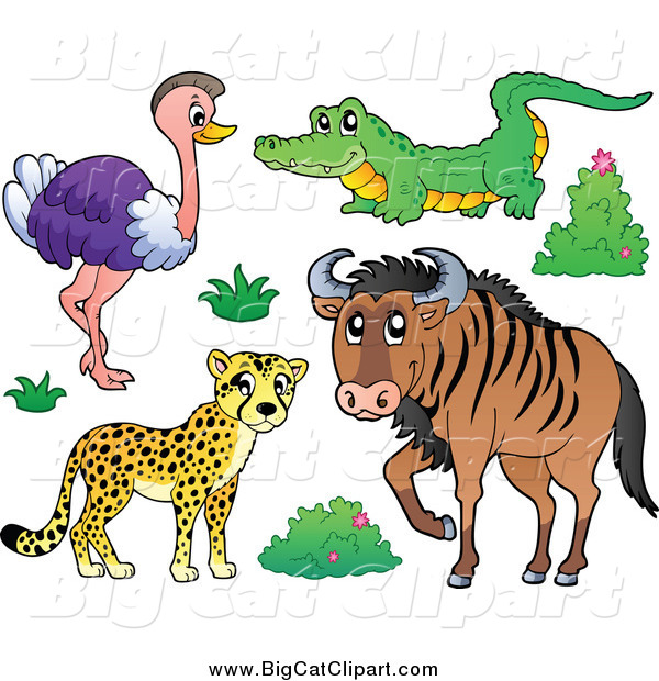 Big Cat Cartoon Vector Clipart of a Happy Cheetah Ostrich Crocodile and Wildebeest Savannah Animals