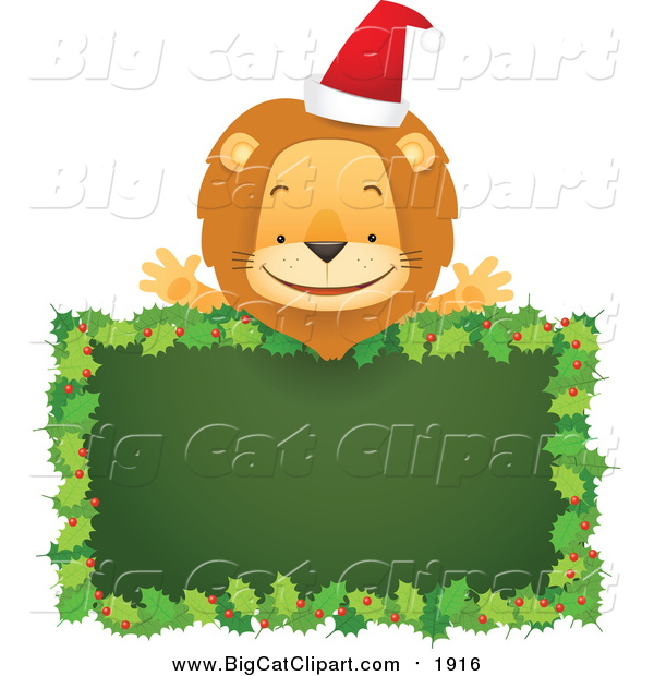 Big Cat Cartoon Vector Clipart of a Happy Christmas Lion over a Blank Holly Sign