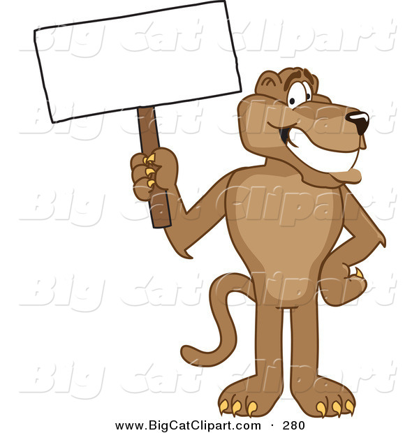 Big Cat Cartoon Vector Clipart of a Happy Cougar Mascot Character Holding a Blank Sign