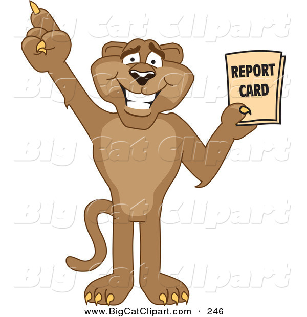 Big Cat Cartoon Vector Clipart of a Happy Cougar Mascot Character Holding a Report Card