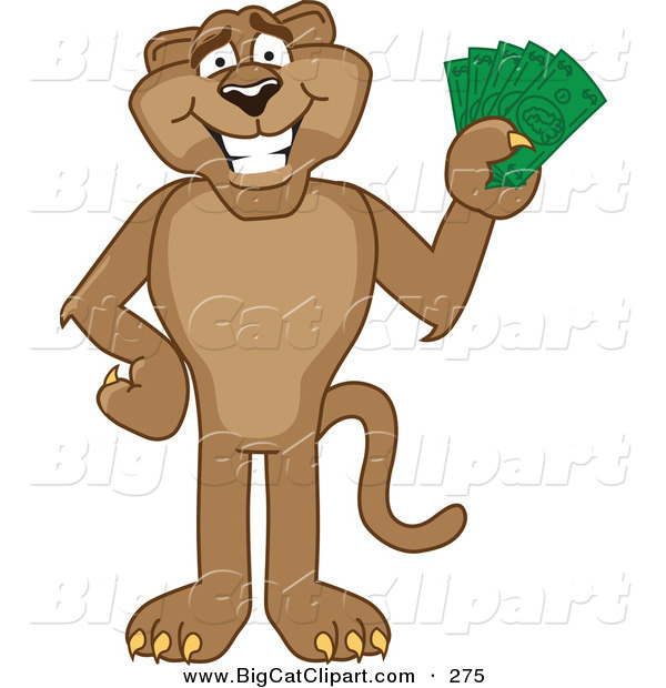 Big Cat Cartoon Vector Clipart of a Happy Cougar Mascot Character Holding Money