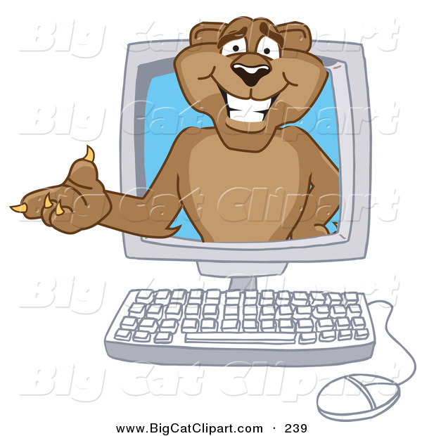 Big Cat Cartoon Vector Clipart of a Happy Cougar Mascot Character in a Computer