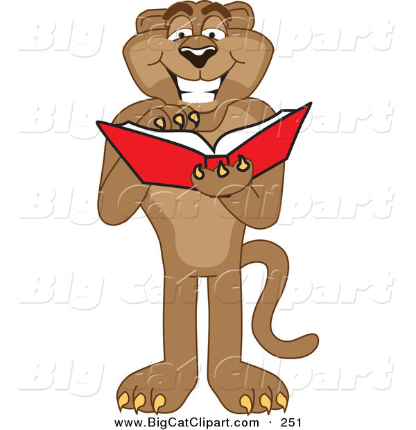 Big Cat Cartoon Vector Clipart of a Happy Cougar Mascot Character Reading