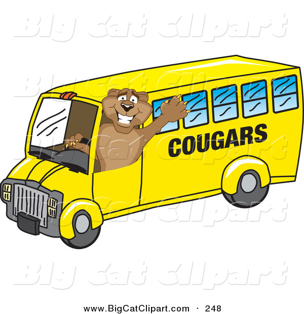 Big Cat Cartoon Vector Clipart of a Happy Cougar Mascot Character School Bus Driver