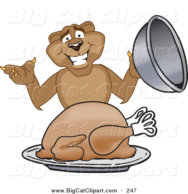 Big Cat Cartoon Vector Clipart of a Happy Cougar Mascot Character Serving a Thanksgiving Turkey