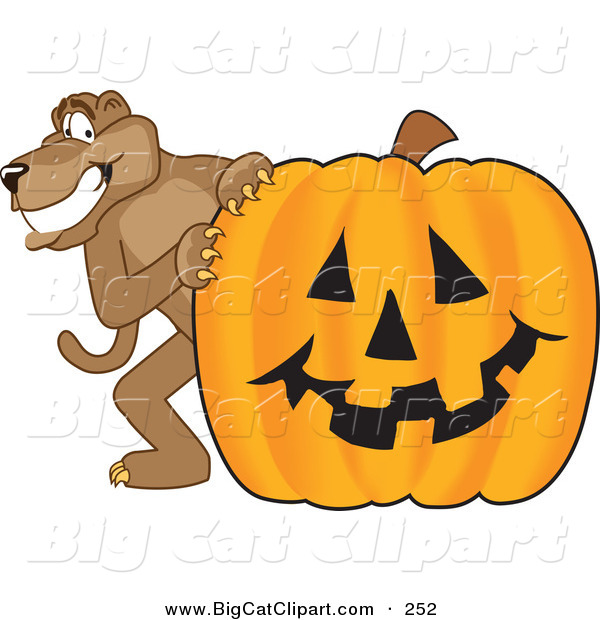 Big Cat Cartoon Vector Clipart of a Happy Cougar Mascot Character with a Pumpkin