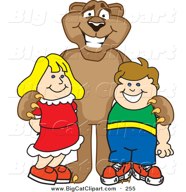 Big Cat Cartoon Vector Clipart of a Happy Cougar Mascot Character with Children