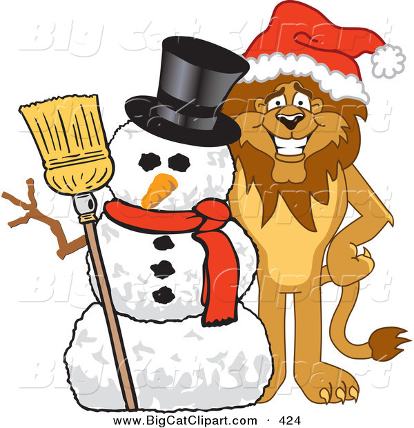 Big Cat Cartoon Vector Clipart of a Happy Gentle Lion Character Mascot with a Snowman