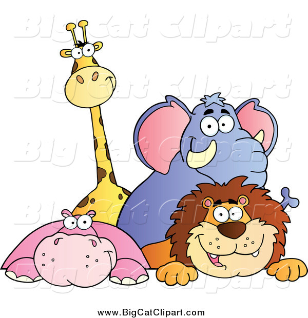 Big Cat Cartoon Vector Clipart of a Happy Giraffe Elephant Hippo and Lion over a Ledge