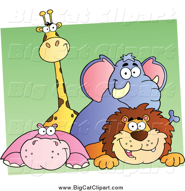 Big Cat Cartoon Vector Clipart of a Happy Giraffe Elephant Hippo and Lion over Green and White