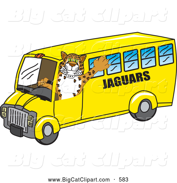 Big Cat Cartoon Vector Clipart of a Happy Jaguar Character School Mascot Driving a Bus