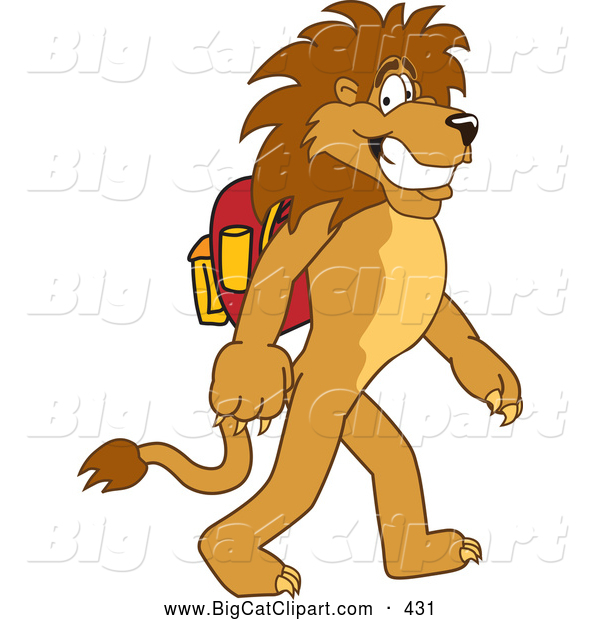 Big Cat Cartoon Vector Clipart of a Happy Lion Character Mascot Walking to School