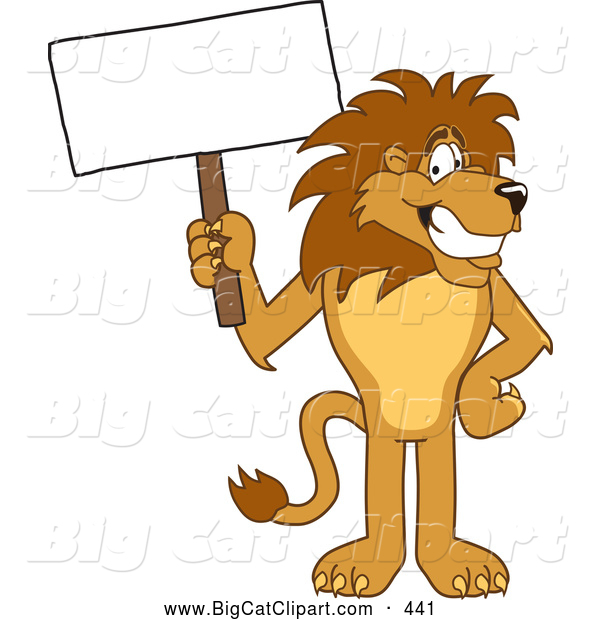 Big Cat Cartoon Vector Clipart of a Happy Lion Character Mascot with a Blank Sign