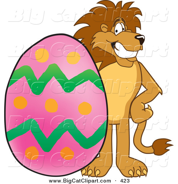 Big Cat Cartoon Vector Clipart of a Happy Lion Character Mascot with an Easter Egg