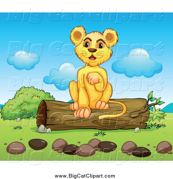 Big Cat Cartoon Vector Clipart of a Happy Lion Cub Lifting a Paw and Sitting on a Log