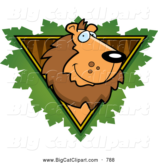 Big Cat Cartoon Vector Clipart of a Happy Lion Face over a Wooden Safari Triangle with Leaves