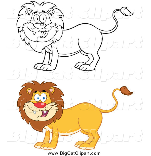 Big Cat Cartoon Vector Clipart of a Happy Lion in Color and Lineart