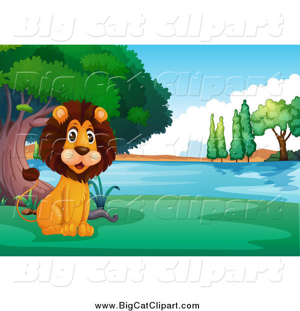 Big Cat Cartoon Vector Clipart of a Happy Lion Sitting on the Shore of a Lake or Pond