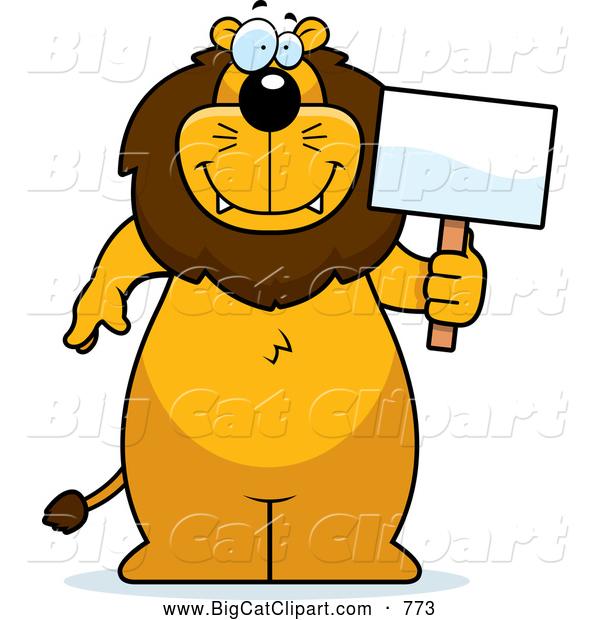 Big Cat Cartoon Vector Clipart of a Happy Lion Standing and Holding a Sign