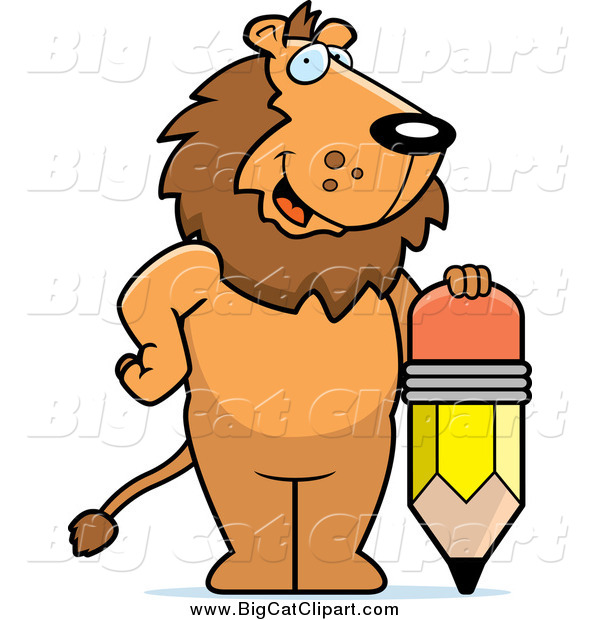 Big Cat Cartoon Vector Clipart of a Happy Lion Standing by a Pencil