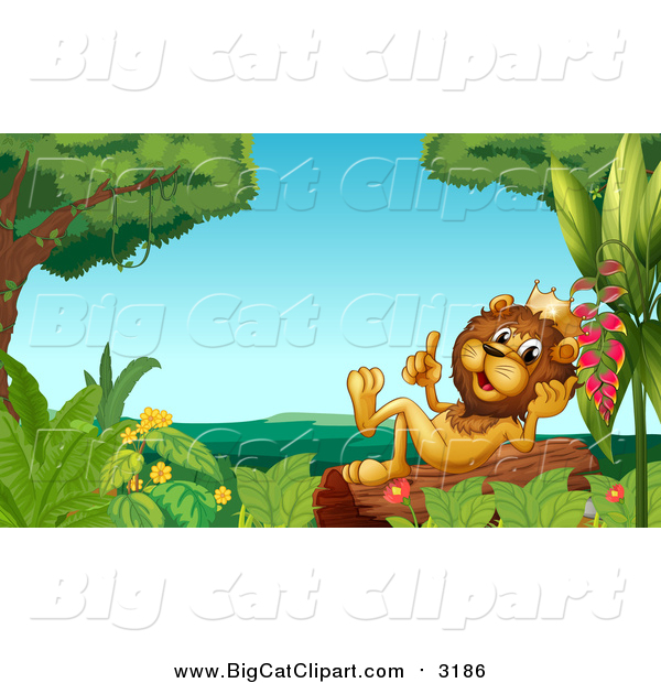 Big Cat Cartoon Vector Clipart of a Happy Male Lion King Thinking and Holding up a Finger on a Log
