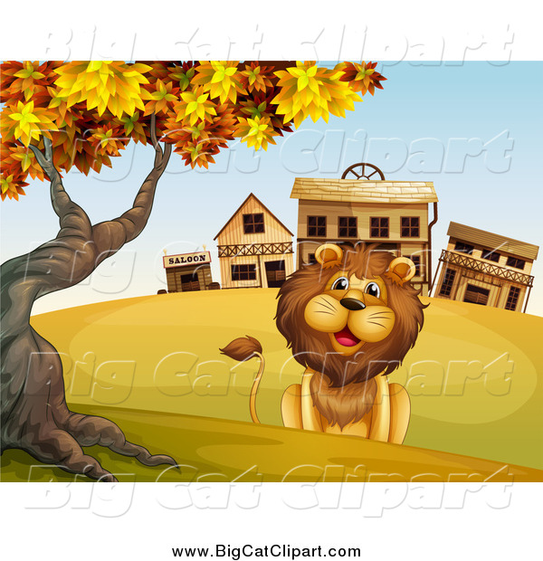 Big Cat Cartoon Vector Clipart of a Happy Male Lion Sitting by a Ghost Town
