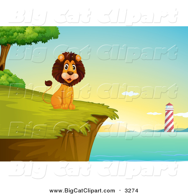 Big Cat Cartoon Vector Clipart of a Happy Male Lion Sitting on a Cliff with a Lighthouse View at Sunrise