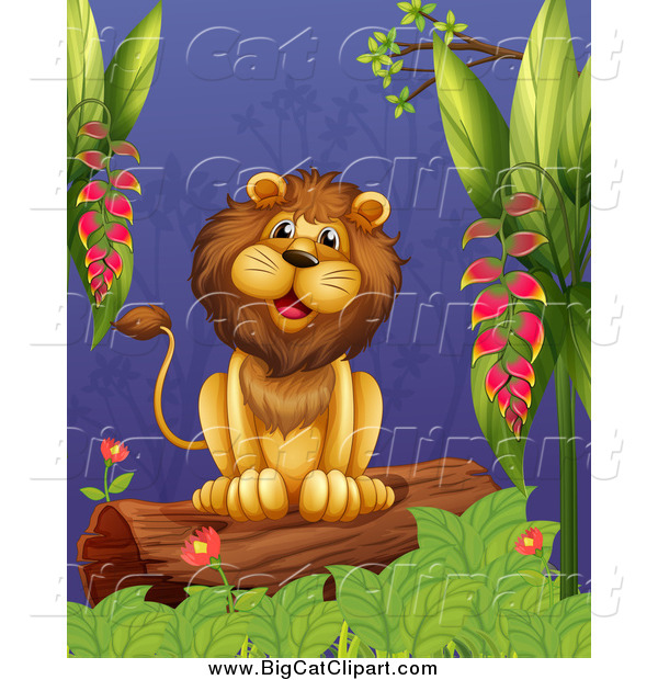 Big Cat Cartoon Vector Clipart of a Happy Male Lion Sitting on a Jungle Log