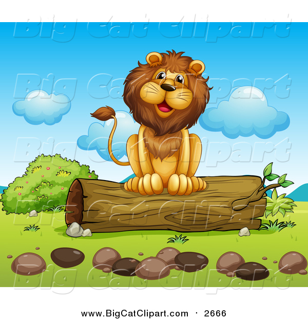 Big Cat Cartoon Vector Clipart of a Happy Male Lion Sitting on a Log