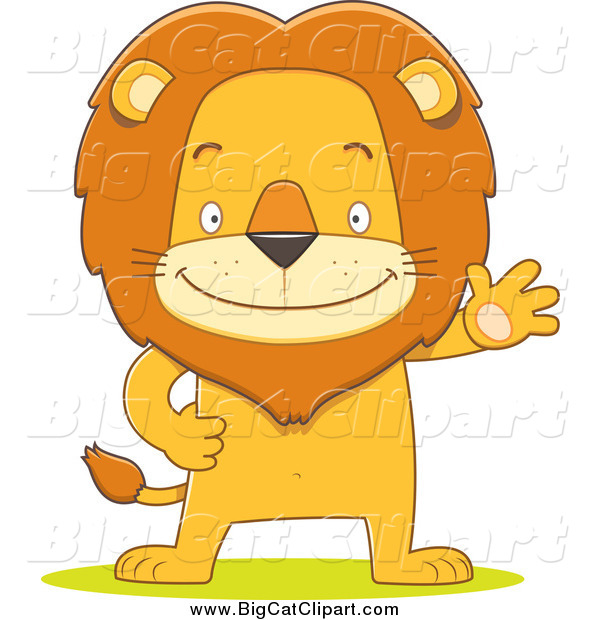 Big Cat Cartoon Vector Clipart of a Happy Male Lion Waving and Standing Upright