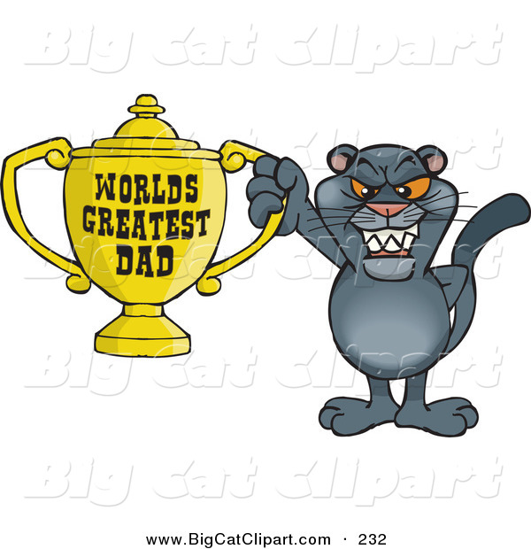 Big Cat Cartoon Vector Clipart of a Happy Panther Wildcat Character Holding a Golden Worlds Greatest Dad Trophy