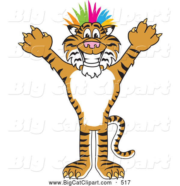 Big Cat Cartoon Vector Clipart of a Happy Tiger Character School Mascot Punk with Colorful Hair
