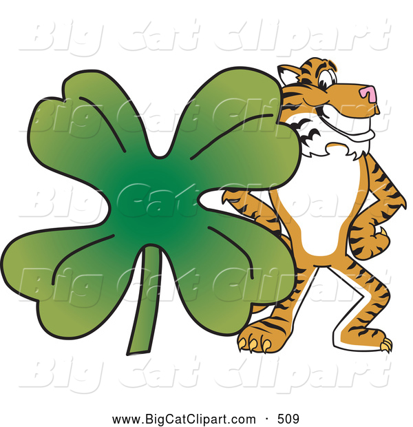 Big Cat Cartoon Vector Clipart of a Happy Tiger Character School Mascot with a Clover
