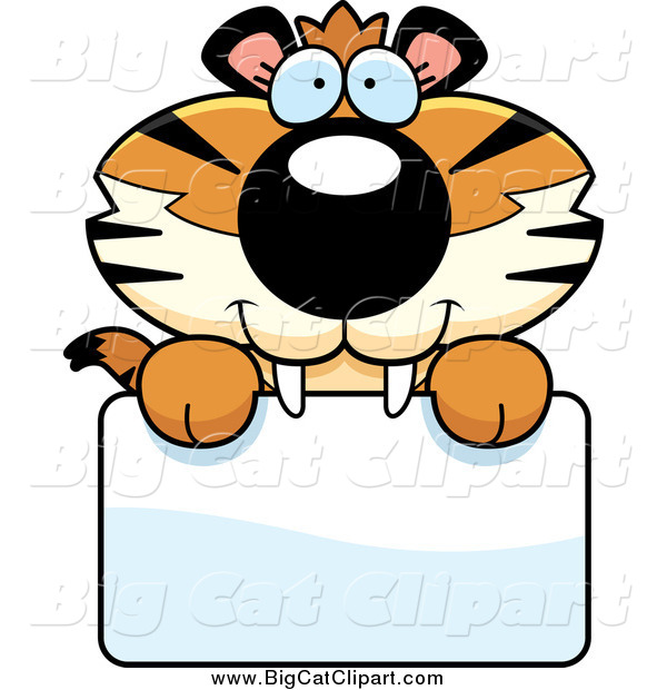 Big Cat Cartoon Vector Clipart of a Happy Tiger Cub over a Sign
