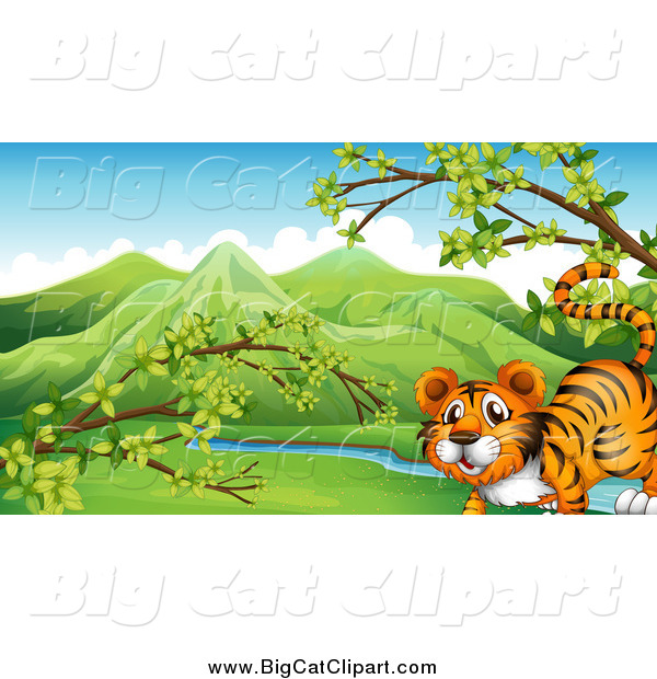 Big Cat Cartoon Vector Clipart of a Happy Tiger in a Spring Valley