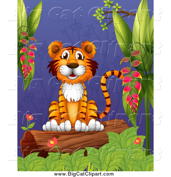 Big Cat Cartoon Vector Clipart of a Happy Tiger Sitting on a Log with Jungle Foliage at Night