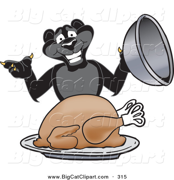 Big Cat Cartoon Vector Clipart of a Hungry Black Jaguar Mascot Character Serving a Turkey
