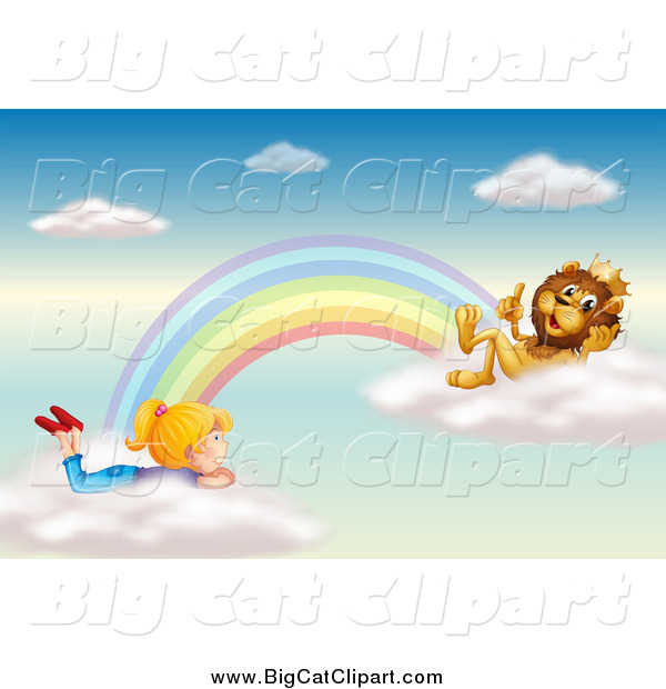 Big Cat Cartoon Vector Clipart of a King Lion and Girl Talking on Rainbow Clouds in the Sky