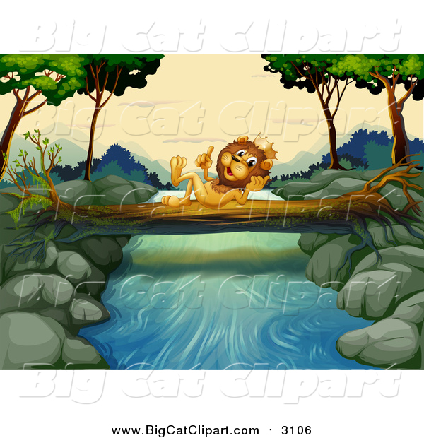 Big Cat Cartoon Vector Clipart of a King Lion Holding up a Finger on a Log over a Creek