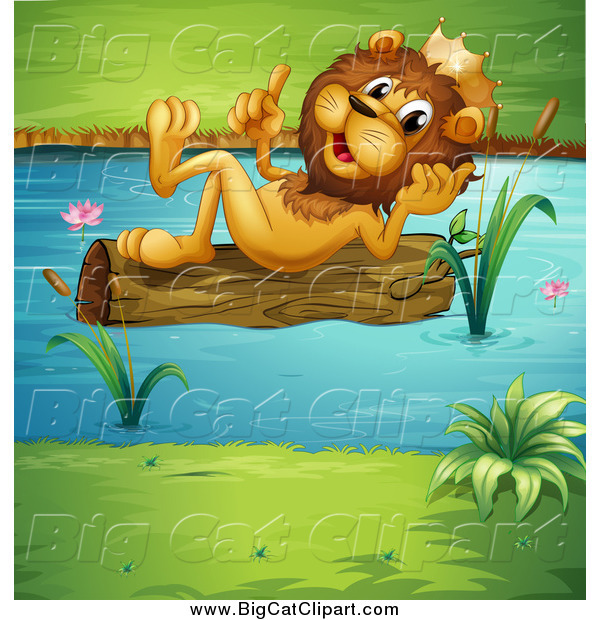 Big Cat Cartoon Vector Clipart of a King Lion Reclined on a Floating Log