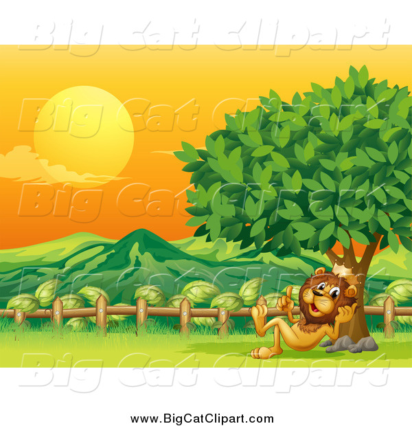 Big Cat Cartoon Vector Clipart of a King Lion Resting Against a Tree with a Mountain View at Sunset