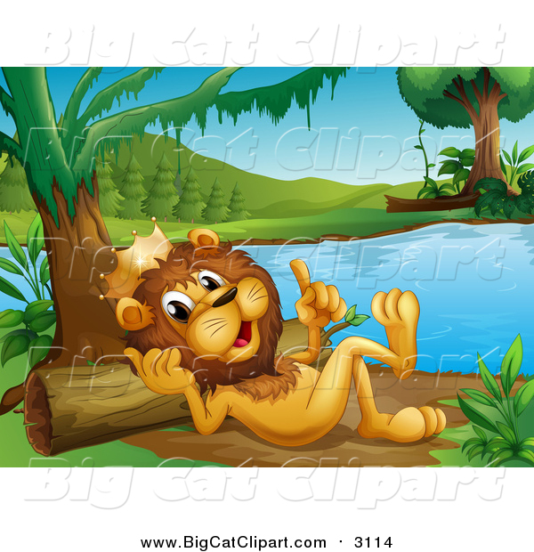 Big Cat Cartoon Vector Clipart of a King Lion Resting and Talking on a River Beach