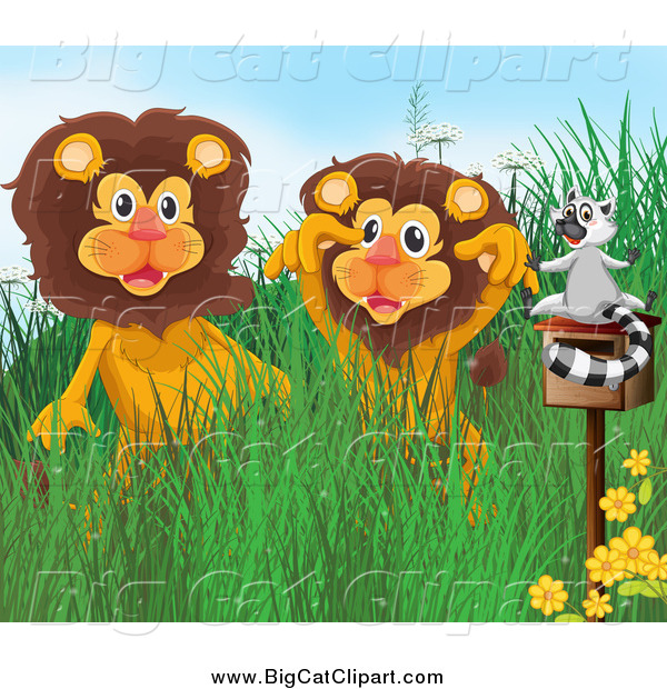 Big Cat Cartoon Vector Clipart of a Lemur on a Mailbox by Two Happy Lions
